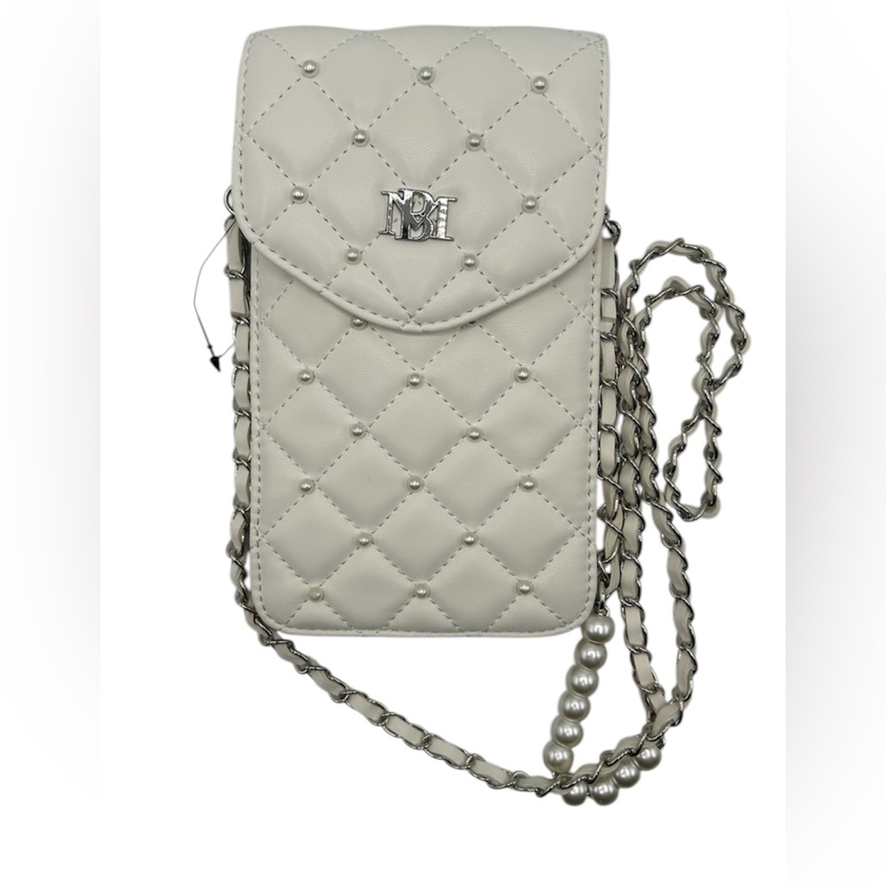 Badgley Mischka Cream Quilted Leather Crossbody Bag with Chain Strap‎